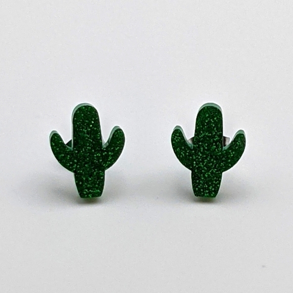 Cactus green glitter acrylic stud earrings - Picture 1 of 10
